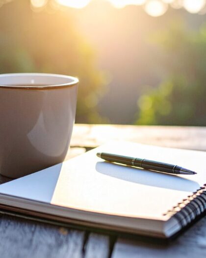 A cup of tea or coffe next to a notepad and pen, outside in the sunshine. - You're Unique and So is Your Pain, journal for chronic pain. Robert Rose Books