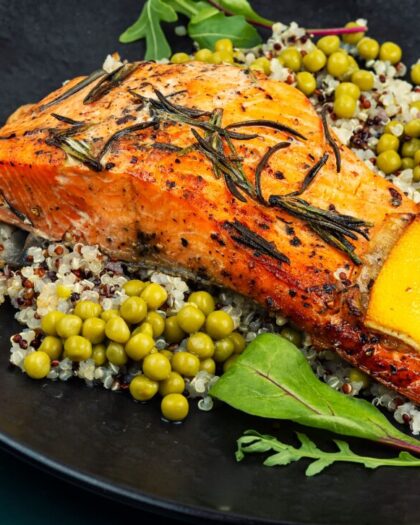 Salmon with peas and quinoa - a great meal plan when avoiding foods that trigger gout. | Robert Rose Books