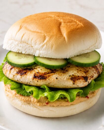 Hummus Souvlaki Chicken Burger (red-pepper & feta hummus, lettuce and cucumbers on a grilled chicken burger) from Best of Bridge Everyday Celebrations cookbook. Robert Rose Publishing.