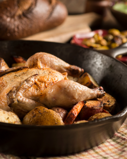 Cornish game hen in cast iron skillet - recipe from Carnivore: A Butcher’s Secrets for Perfectly Cooked Meat